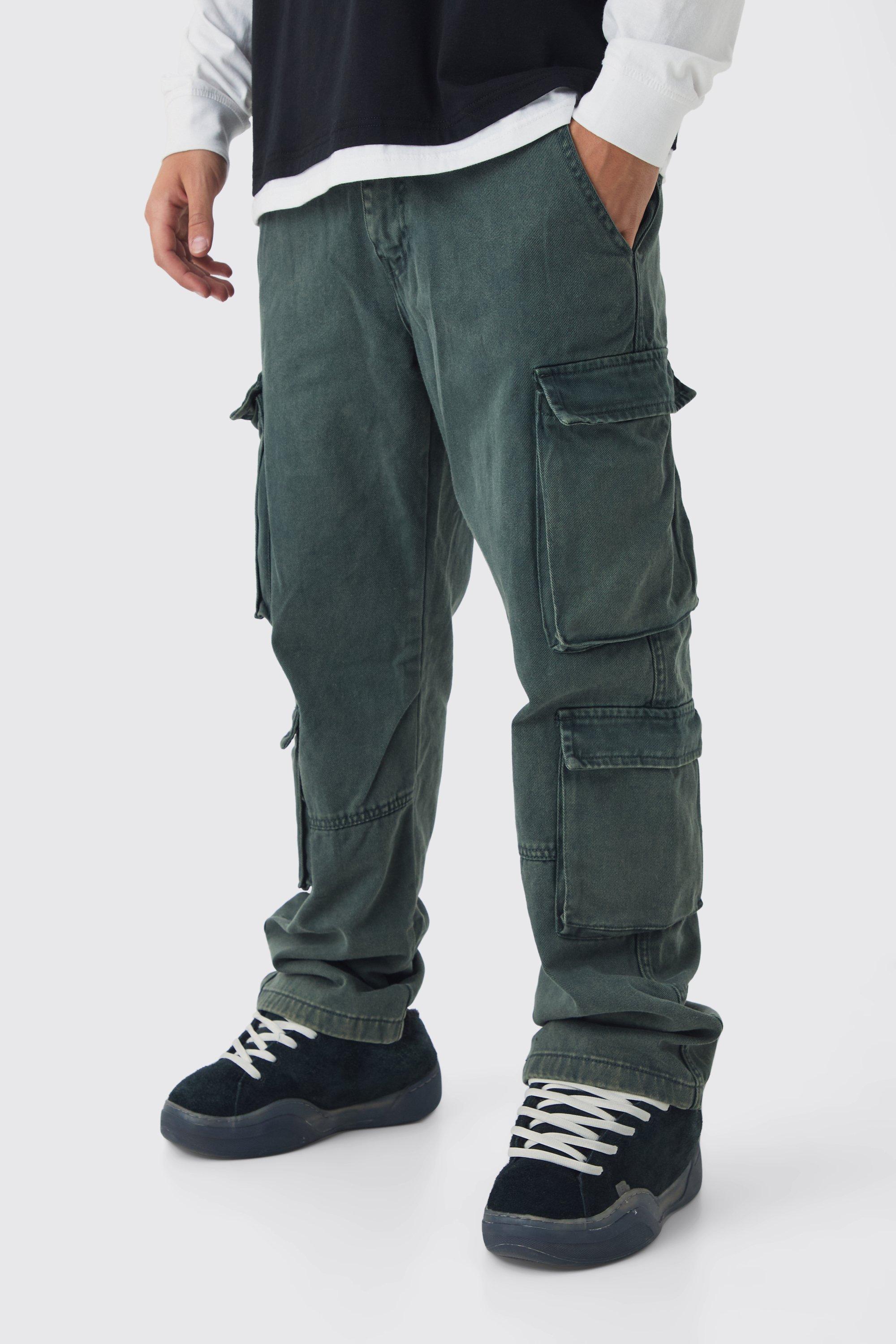 Mens Green Relaxed Heavyweight Twill Acid Washed Cargo Trousers, Green